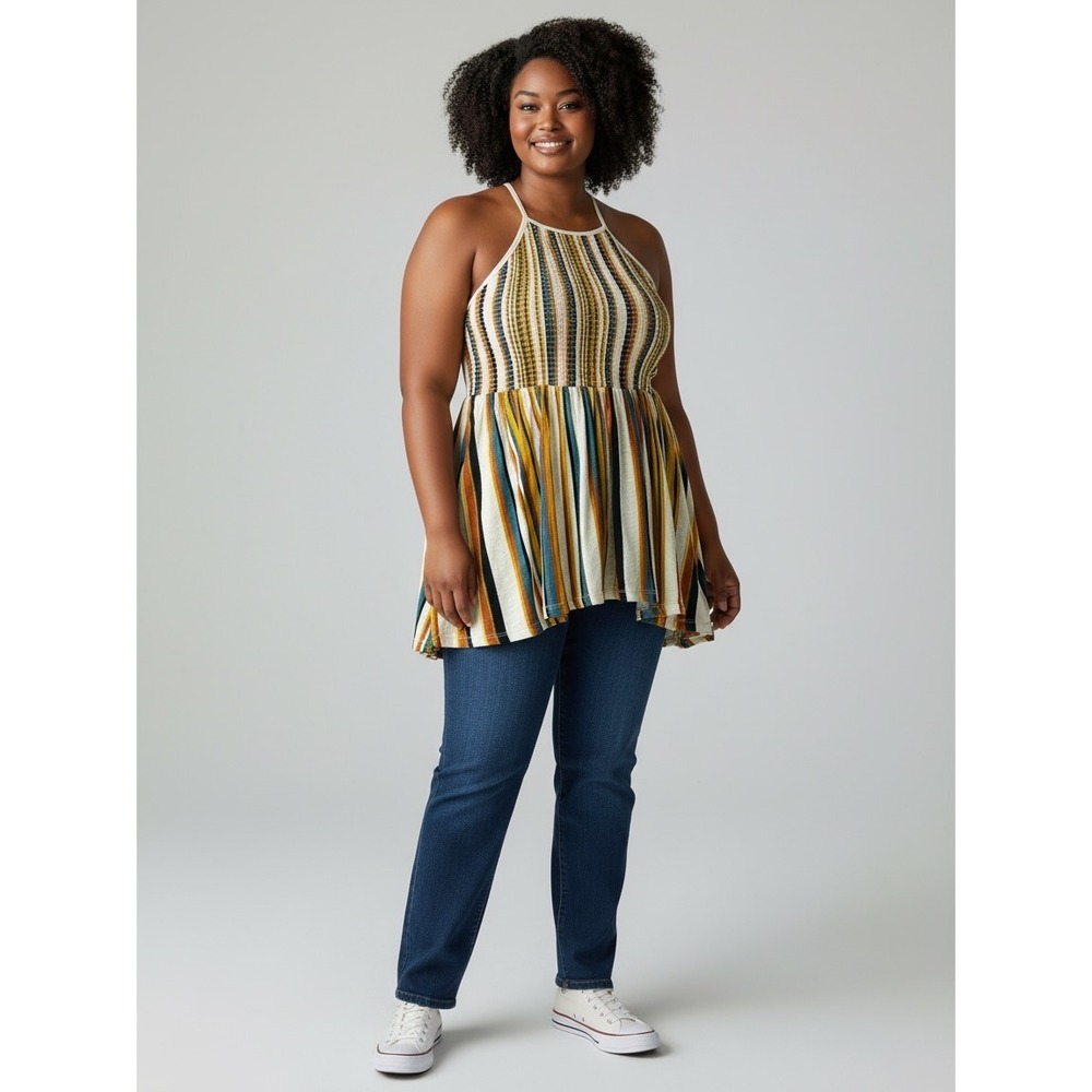 Torrid Top Women's Boho Smocked Babydoll Multi Color Stripe 2 Sleeveless